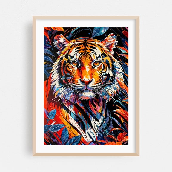 Bright Amur Tiger - Painting Tiger Wildlife Animal Modern Art Portrait Psychedelic Oak Framed Wall Art Print 24 x 36 inches