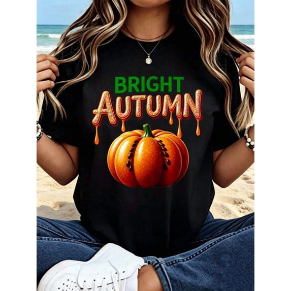 Bright Autumn, Pumpkin Print, Women's T-Shirt, Fall Season, Gift For Her