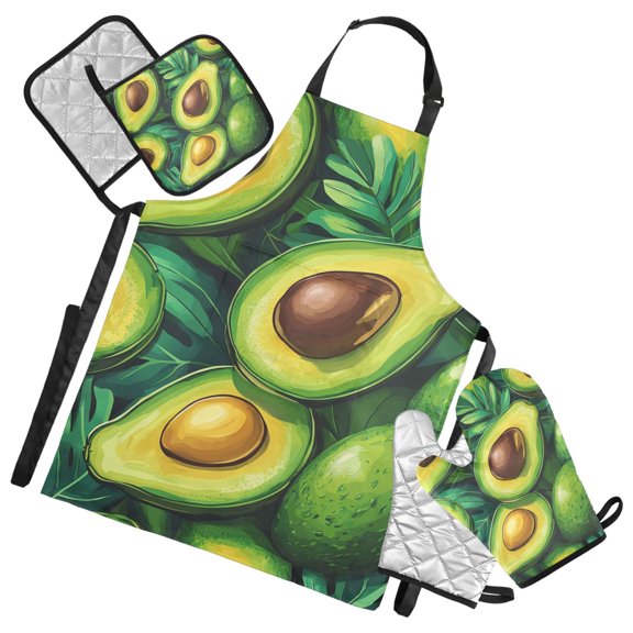 Bright Avocado Pattern Oven Mitts and Pot Holders with Chef Apron Set 5 Pcs Kitchen Cooking Set