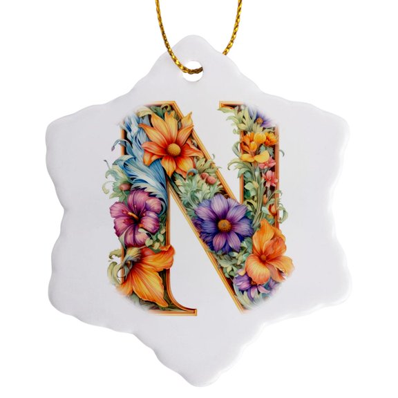 3drose, Bright Beautiful Flower Monogram N, 3 inch Snowflake Porcelain Ornament