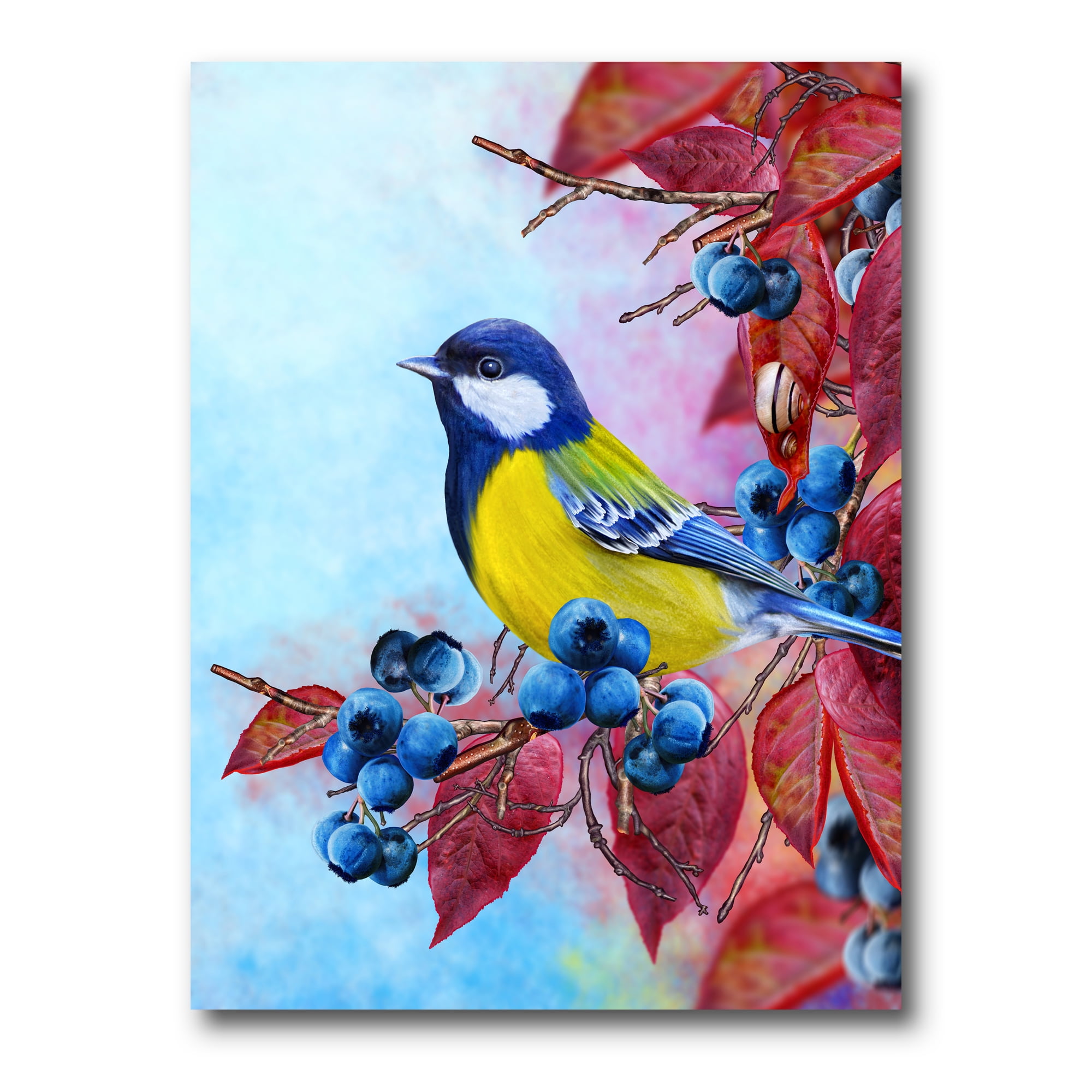 Bright Bird Bullfinch Sitting On A Branch of Berries II 12 in x 8 in Painting Canvas Art Print, by Designart