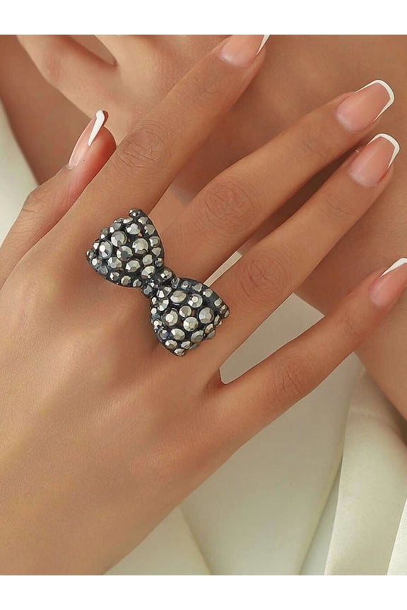 Bright Black Rhinestone Bow Statement Ring For Women