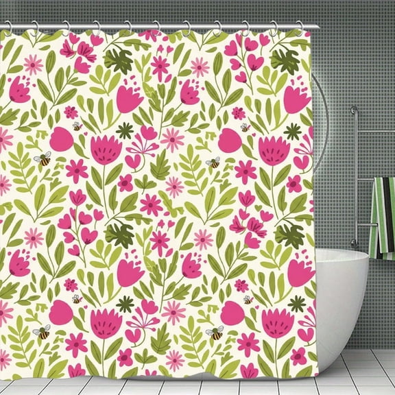 Bright Bloom Meadow Print Shower Curtain,Modern Fabric Waterproof Shower Curtain Set with Hooks,70.8×70.8Inch
