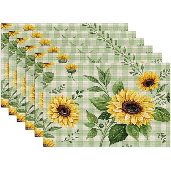 Bright Blooming Sunflowers Placemats Set of 6,12x18 Inch Green Checkered Linen Place Mat Washable Stain Resistant Table Mats for Spring Summer Seasonal Farmhouse Kitchen Party Home Decor