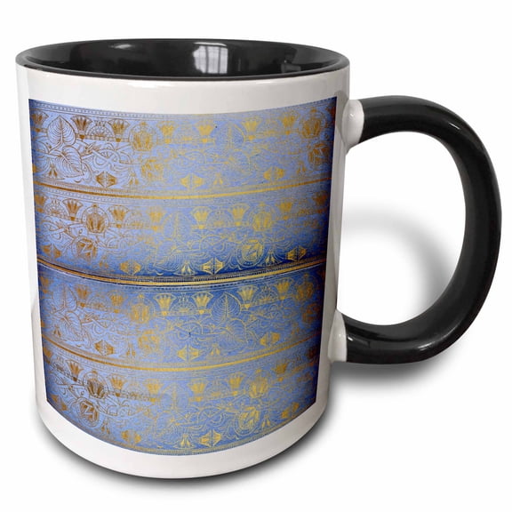 3drose, Bright Blue and Faux Gold Fancy Egyptian Design in Rows, 11oz Two-tone Black Mug