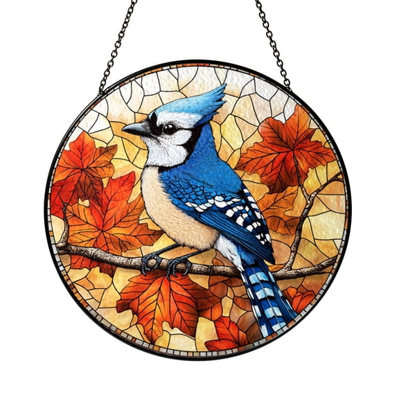 Bright Blue Bird Portrait Stained Glass Style Window Decor, Nature Hanging Art Panel