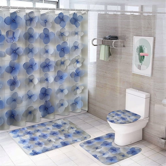 Bright Blue Flowers 4 Pcs Bathroom Shower Curtain Set, Bathroom Sets with Rugs (Bath Mat, U Shape and Toilet Lid Cover Mat) and 12 Hooks,