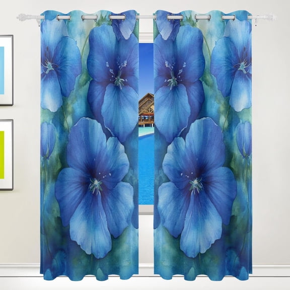 Bright Blue Flowers Blackout Curtains for Living Room Bedroom 55W x 72/84L Insulated Window Drapes 2 Panels