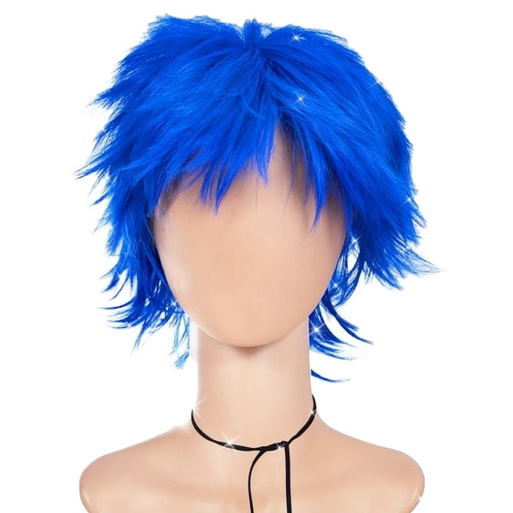 Bright Blue Layered Short Curly Hair Wigs for Cosplay and Costume Parties