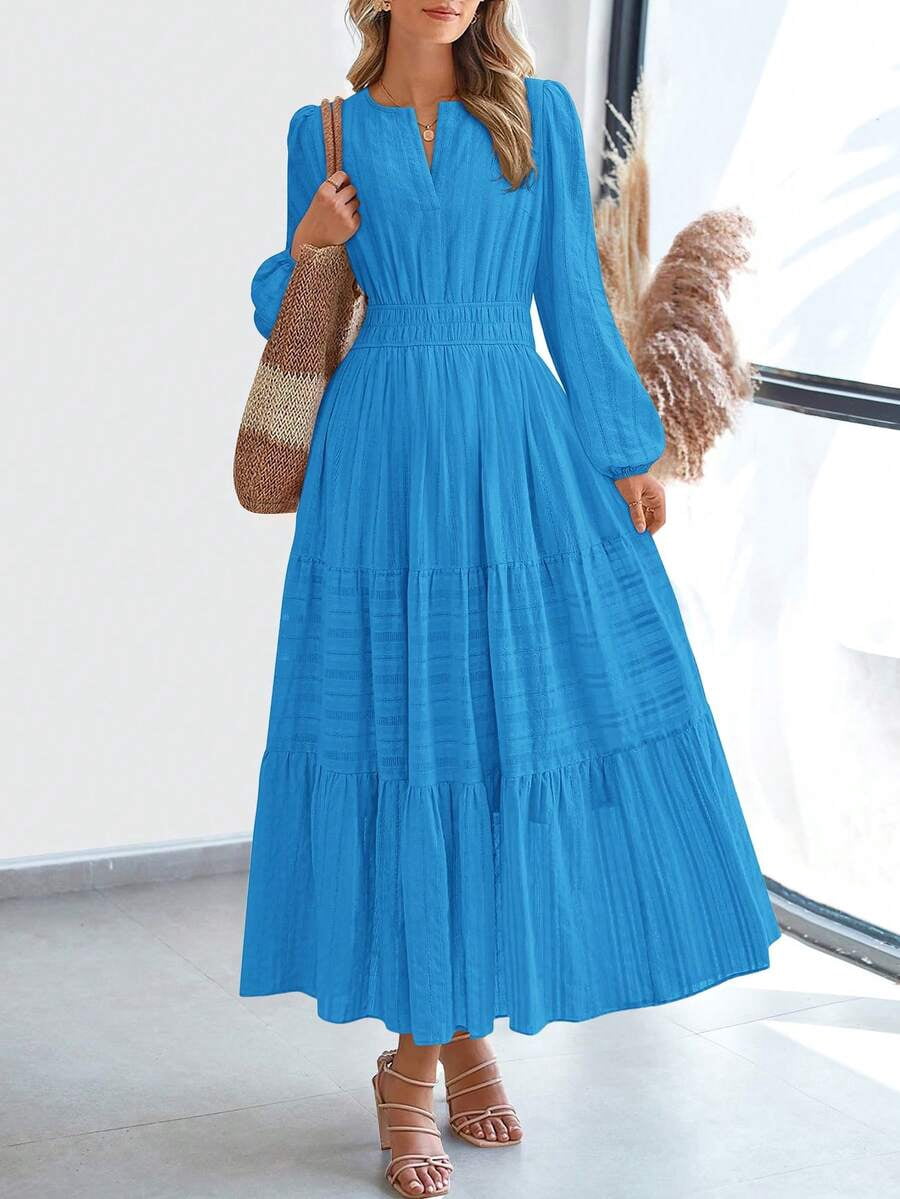 bright boho dress /// Bright Blue Long Sleeve High Waist Tiered Flowy A-Line Boho Maxi Dress For Women, Women's, Size: Large