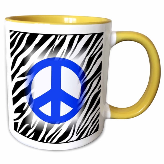 3drose, Bright Blue Peace Symbol on Zebra, 15oz Two-tone Yellow Mug