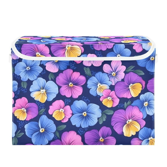 Bright Blue Purple Pansy Large Storage Bins with Linen Collapsible Lid Storage Box 16.7 x 12.6 x 11.8in