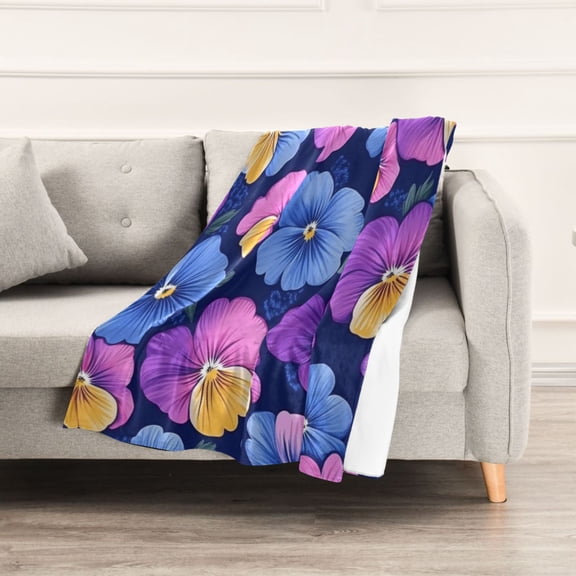 Bright Blue Purple Pansy Throw Blanket 60" x 90" Soft and Warm Blankets for Couch Sofa and Bed