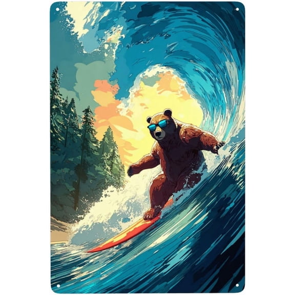 Bright Blue Red 8x12 Inch Tin Sign Surfing Bear Bold Colors Dynamic Waves Art Metal Poster Wall Decor Practical Gifts For Friends