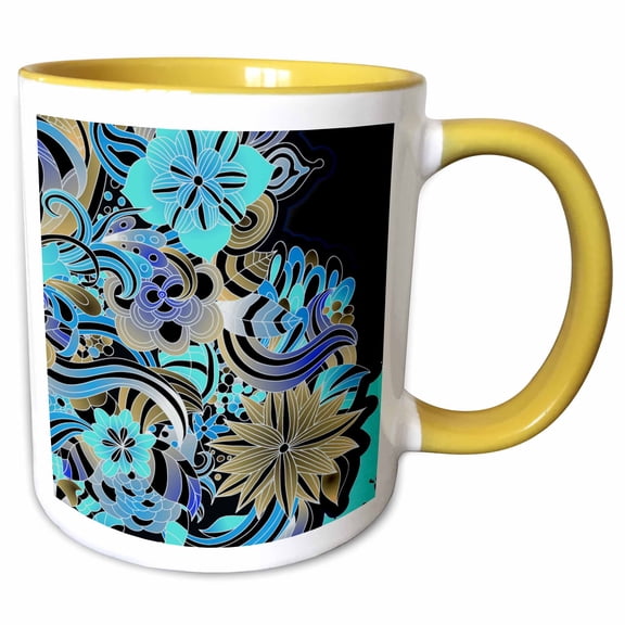 3drose, Bright Blue, Turquoise, and Tan Colored Sixties Style Graphic Flowers Design, 11oz Two-tone Yellow Mug