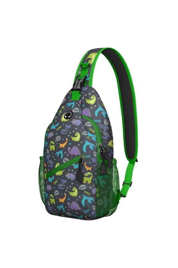 Bright Bold Dino Print Sling Backpack, Colorful Cartoon Dinosaur Pattern Lightweight Crossbody Bag for Hiking Travel Dino Lovers Gift