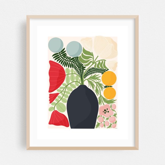 Bright Botanical Illustration – Fresh Plant in Vibrant Pot - Illustration Floral Botanical Modern Art Geometric Minimalist Mid-Century Modern Pattern Oak Framed Wall Art Print 5 x 7 inches