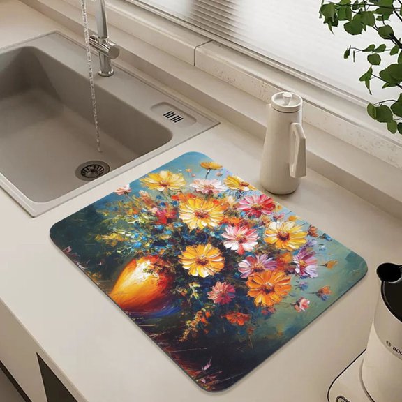 Bright Bouquet Oil Painting Dish Drying Mat for Kitchen Counter Absorbent Drainer Mats (15.7X11.8Inch)