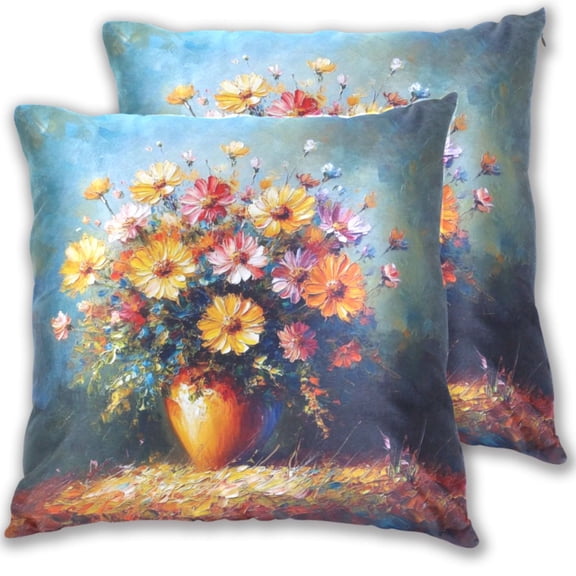 Bright Bouquet Oil Painting Throw Pillow Covers 16x16 Inch 2 Packs Decorative Square for Living Room Couch Bed Sofa
