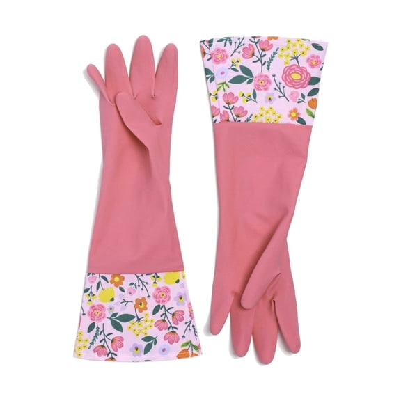 Bright Box Reusable Cleaning Gloves, Long Cuff Kitchen Dish Gloves, Pink Floral, 1 Pair