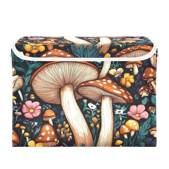 Bright Brown Mushrooms Large Storage Bins with Linen Collapsible Lid Storage Box 16.7 x 12.6 x 11.8in