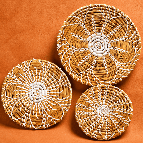 Bright Bulrush Woven Wall Sculptures, Set of 3 Boho Hanging Baskets