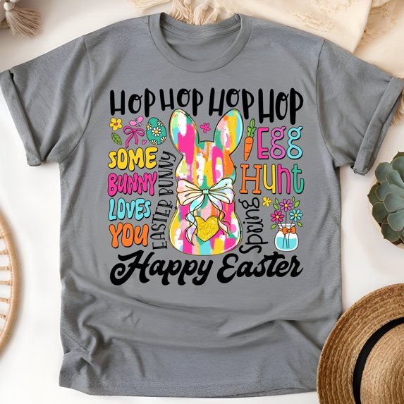 Bright Bunny Graphic T-Shirt | Spring Rabbit Ears with Words and Heart Bow, Graphite Heather, Size 5XL