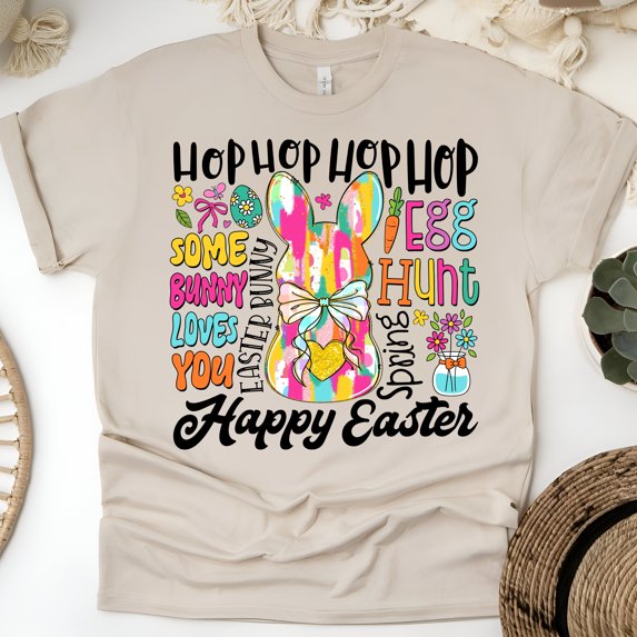 Bright Bunny Graphic T-Shirt | Spring Rabbit Ears with Words and Heart Bow, Sand, Size XL