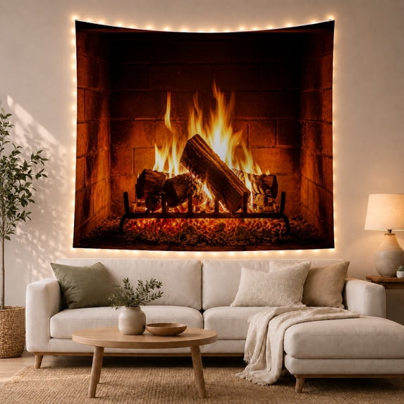 Bright Burning Logs in a Brick Fireplace, Cozy Rustic for Hearth Decor Lovers, Fireside Wall Art, Housewarming Gift, Tapestry Wall Hanging for Living Room and Den