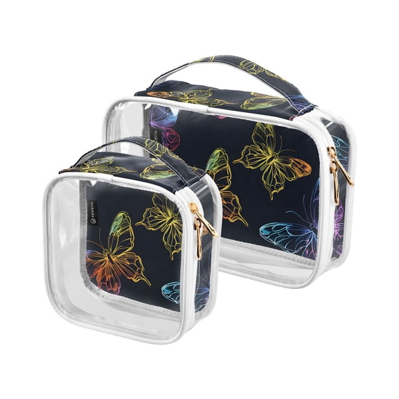 Bright Butterflies Clear Cosmetic Bags with Handles PVC Toiletry Bags Zipper Waterproof Portable for Traveling 2 Pcs