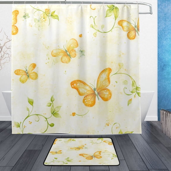 Bright Butterflies Pattern Bathroom Accessory Sets Waterproof Shower Curtain with Anti-Slip Bath Mat Durable Combo