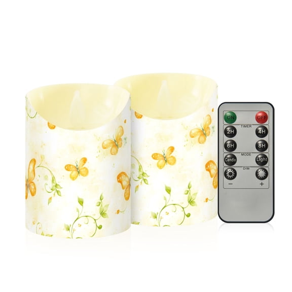 Bright Butterflies Pattern Flameless Candles 2 PCS with Remote Realistic Moving Flame LED Tapered Pillar Set for Home Decor