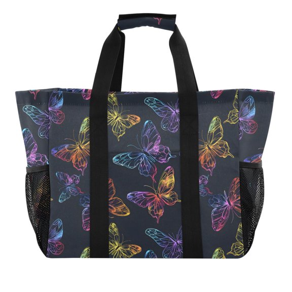Bright Butterflies Silhouette Reusable Grocery Bags with Handle Side Pocket Waterproof Shopping Portable Tote