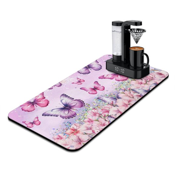 Bright Butterfly Coffee Mat Hand-Drawn Floral & Butterfly Design Quick-Dry Non-Slip Counter Protector
