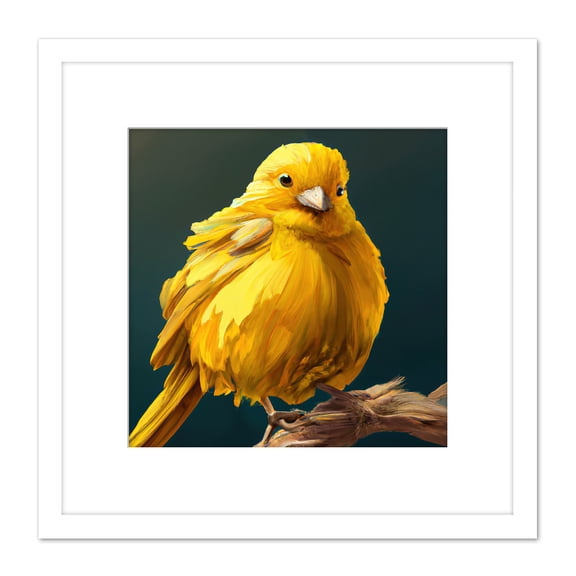 Bright Canary Bird Perched on Branch Yellow Oil Painting Square Wooden Framed Wall Art Print Picture 8X8 Inch