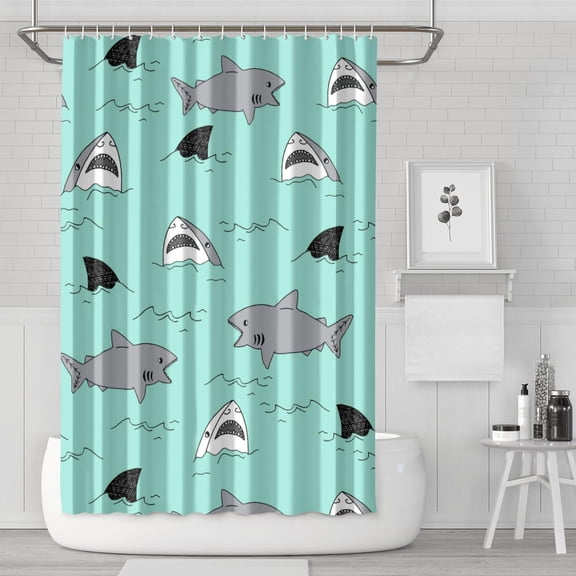 Bright Cartoon Shark Bathroom Curtain 72x72 Inch, Waterproof Polyester Material with Hooks, Colorful Marine Creature Pattern