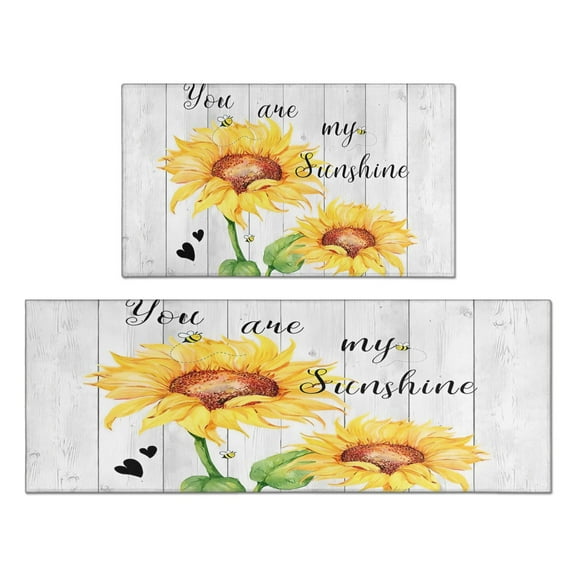 Bright & Cheerful Plaid Daisy Spring Kitchen Mats - Set of 2 Low-Profile Rugs for Floor, Bloom with Grace Design, Perfect Summer Decor, Size 17x30 and 17x47 Inch