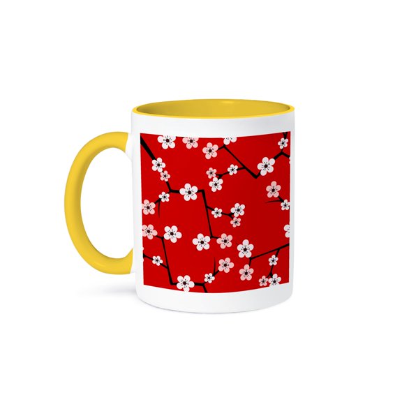 3dRose, Bright Cherry Blossoms Print - Red, 11oz Two-Tone Yellow Mug