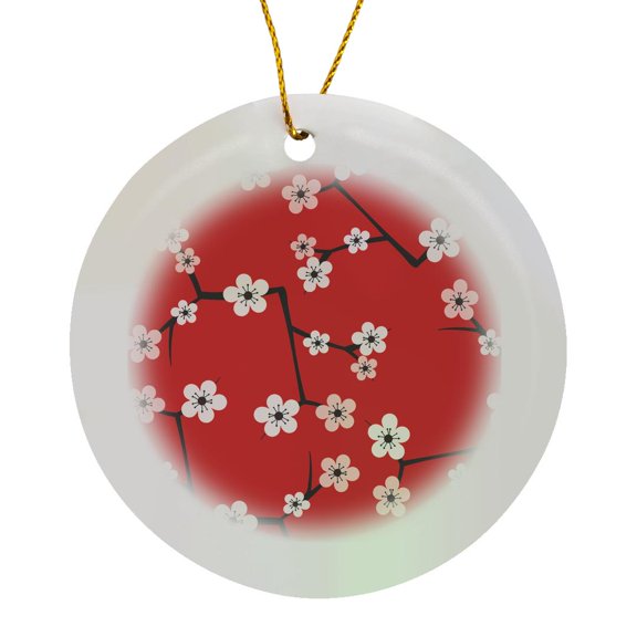 Bright Cherry Blossoms Print - Red, Circle Porcelain Ornament