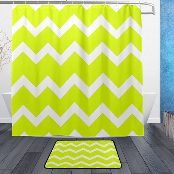 Bright Chevron Pattern Bathroom Accessory Sets Waterproof Shower Curtain with Anti-Slip Bath Mat Durable Combo