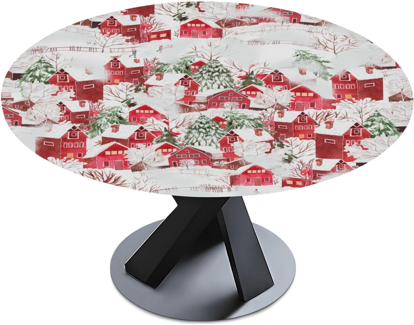 Bright Christmas Funny Winter Village Round Tablecloth Elastic Fitted