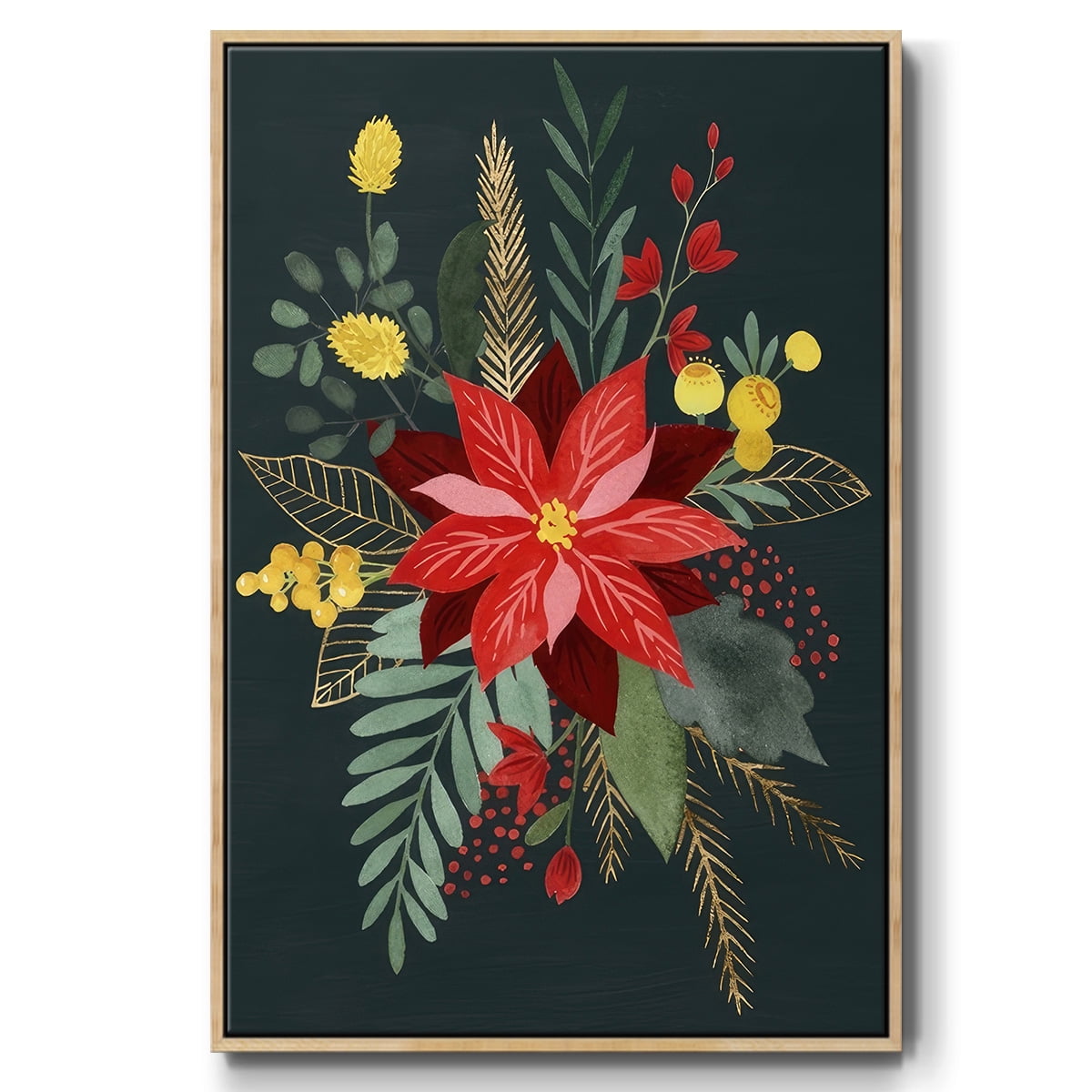 Bright Christmas Night Collection B - Framed Gallery Wrapped Holiday Canvas - 25 x 37 - Natural Wood Frame