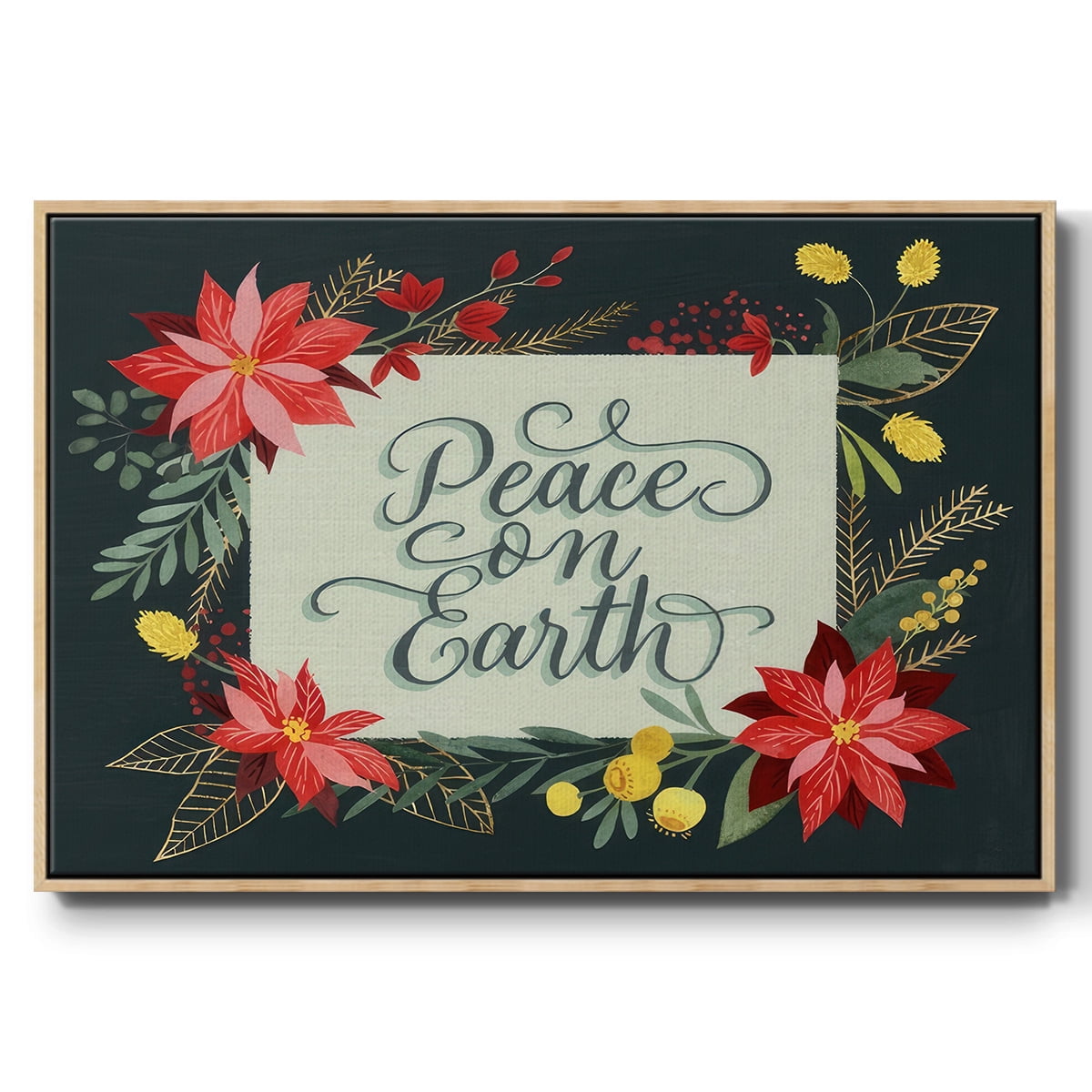 Bright Christmas Night II - Framed Gallery Wrapped Holiday Canvas - 25 x 37 - Natural Wood Frame