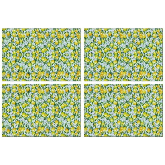 Bright Citrus Lemon Placemats Set of 4, Flax Linen Heat Resistant Wrinkle Free Table Mats, Cute Summer Fruit and Floral Pattern for Fresh Kitchen and Dining Table Decor