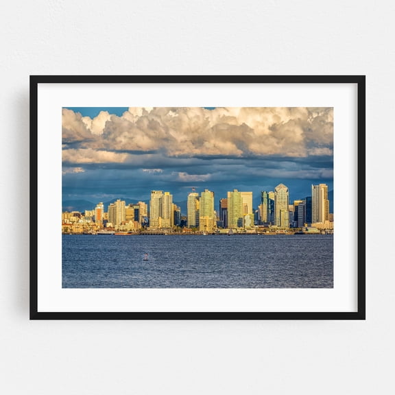 Bright City Under The Clouds - San Diego California Photography Cityscape Skyline Harbor Architecture Coast Water Travel Poster Black Framed Wall Art Print 5 x 7 inches