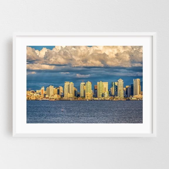 Bright City Under The Clouds - San Diego California Photography Cityscape Skyline Harbor Architecture Coast Water Travel Poster White Framed Wall Art Print 5 x 7 inches