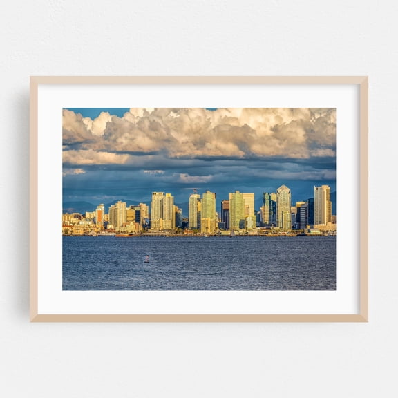 Bright City Under The Clouds - San Diego California Photography Oak Framed Wall Art Print 20 x 30 inches