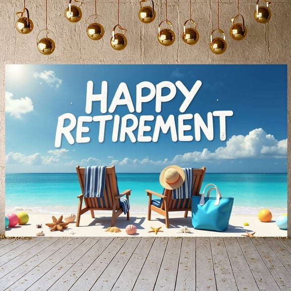 Bright Coastal Happy Retirement Banner Striped Tropical Retirement Backdrop Seashell Decorated Retirement Background for Beach Retirement Party Coastal Gathering Retirement Send-off