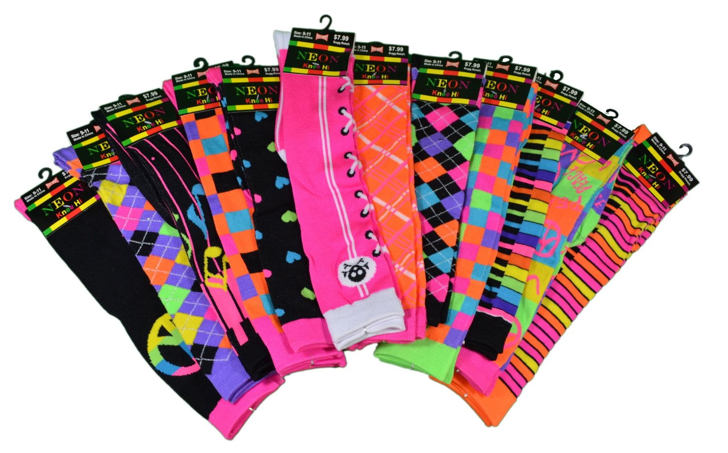 Bright Color Knee High Socks 12 Pairs Neon Fashion Womens Assortment Size 9-11