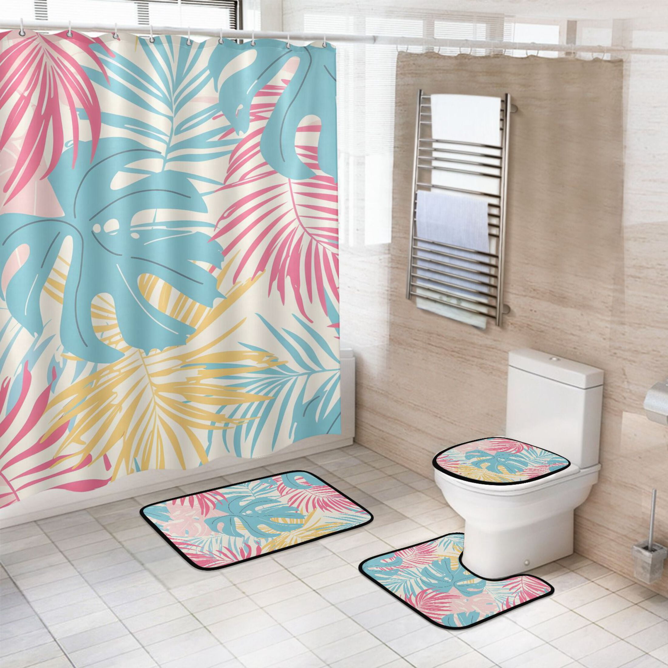 Bright Color Palm Tree Leaves Shower Curtain and Rug Sets Toilet Lid